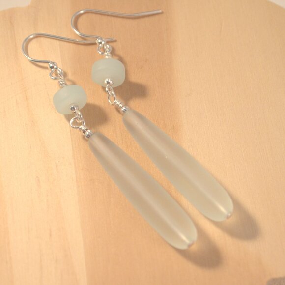 Long Sea Glass Drop Earrings Beach Statement Pierced or Clip-on Earrings - Picture 3 of 11